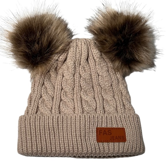 FAS Jeans Beanie OS Taupe Double Pom Cable Knit Wool - Picture 2 of 7